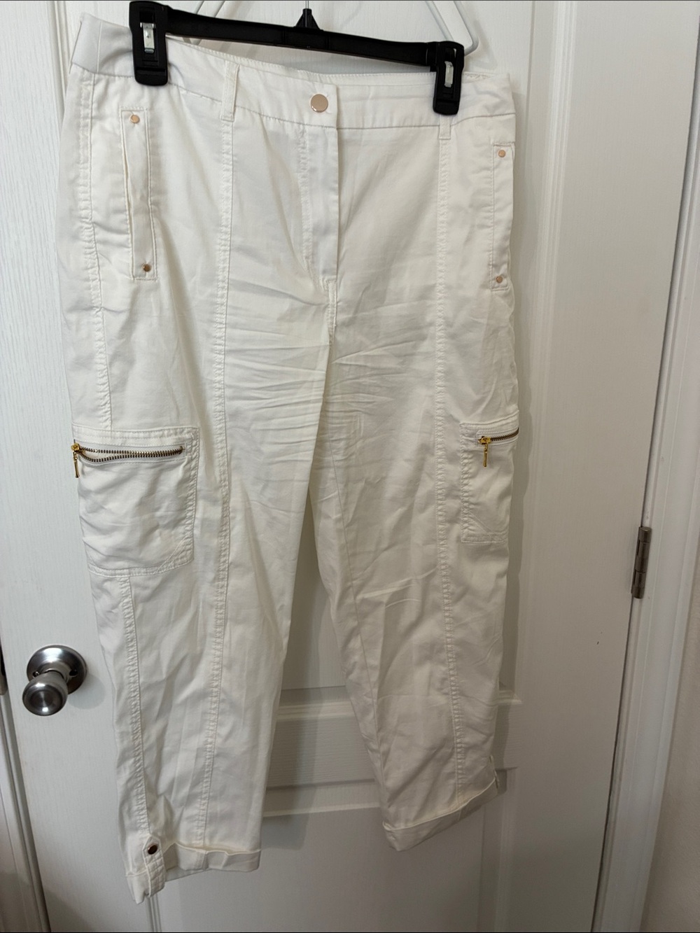 Chico's White Cargo Capris with Gold Zippers